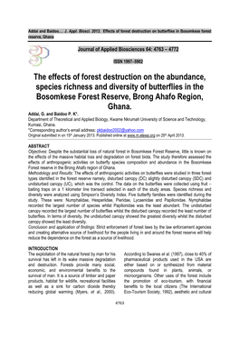 The Effects of Forest Destruction on the Abundance, Species Richness and Diversity of Butterflies in the Bosomkese Forest Reserve, Brong Ahafo Region, Ghana