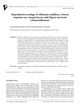 Reproductive Ecology of Allmania Nodiflora, Celosia Argentea Var