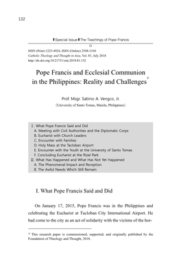 Pope Francis and Ecclesial Communion in the Philippines: Reality and Challenges*