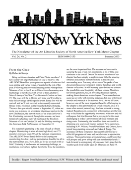 From the Chair the Newsletter of the Art Libraries Society of North