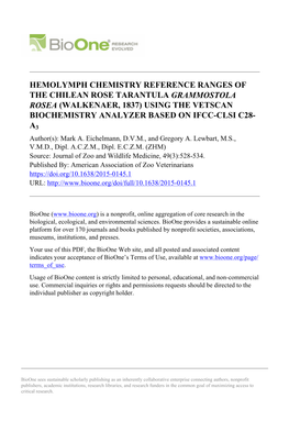 Hemolymph Chemistry Reference Ranges of the Chilean Rose Tarantula