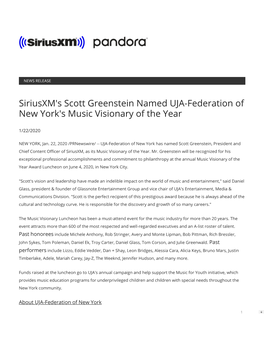 Siriusxm's Scott Greenstein Named UJA-Federation of New York's Music Visionary of the Year