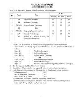 M.A./M. Sc. GEOGRAPHY SEMESTER III (2020-21) M.A./M