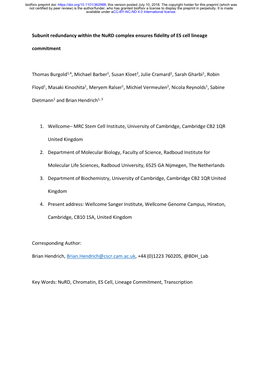 Subunit Redundancy Within the Nurd Complex Ensures Fidelity of ES Cell Lineage