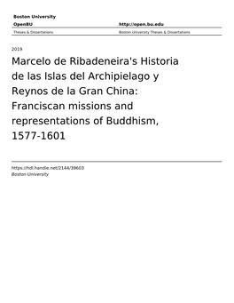 Marcelo De Ribadeneira's Historia De Las Islas Del Archipielago Y Reynos De La Gran China: Franciscan Missions and Representations of Buddhism, 1577-1601