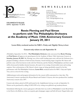 Renée Fleming and Paul Simon to Perform with the Philadelphia Orchestra at the Academy of Music 154Th Anniversary Concert January 29, 2011