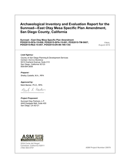 Archaeological Inventory and Evaluation Report for the Sunroad—East Otay Mesa Specific Plan Amendment, San Diego County, California