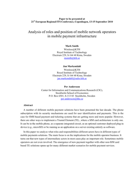 Analysis of Roles and Position of Mobile Network Operators in Mobile Payment Infrastructure