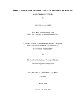 EFFECTS of ISOVALINE and INVOLVEMENT of METABOTROPIC GROUP II GLUTAMATE RECEPTORS by KHALID A. A. ASSERI B.Sc., King Saud Unive