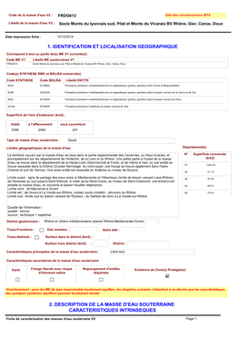 FRDG613 Etat Des Connaissances 2014 Libellé De La Masse D'eau V2 : Socle Monts Du Lyonnais Sud, Pilat Et Monts Du Vivarais BV Rhône, Gier, Cance, Doux