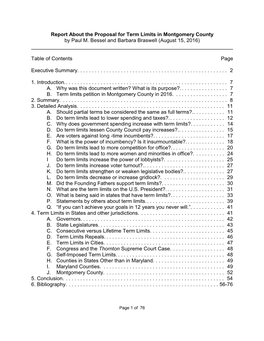 Report About the Proposal for Term Limits in Montgomery County by Paul M. Bessel and Barbara Braswell (August 15, 2016) Table Of