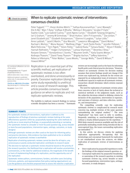 When to Replicate Systematic Reviews of Interventions: Consensus Checklist