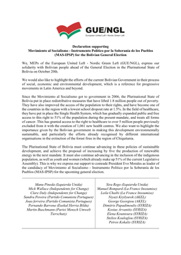 Declaration Supporting Movimiento Al Socialismo - Instrumento Político Por La Soberanía De Los Pueblos (MAS-IPSP) for the Bolivian General Election