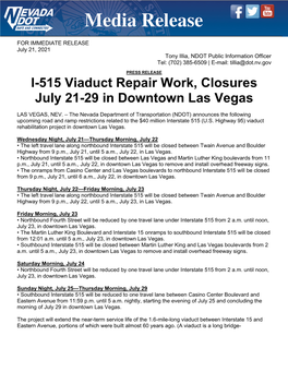 I-515 Viaduct Repair Work, Closures July 21-29 in Downtown Las Vegas