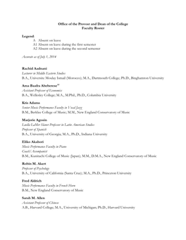 Office of the Provost and Dean of the College Faculty Roster Legend: a Absent on Leave A1 Absent on Leave During the First