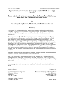 94/11 Technical Report: Invertebrates from Roman Ribchester Reports from the Environmental Archaeology Unit, York 94/11, 52 + 142 Pp