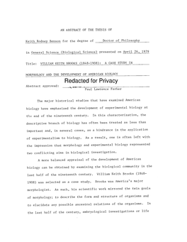 William Keith Brooks (1848-1908) : a Case Study in Morphology and the Development of American Biology