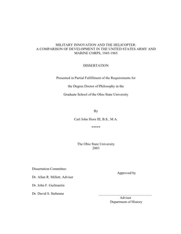 Military Innovation and the Helicopter: a Comparison of Development in the United States Army and Marine Corps, 1945-1965