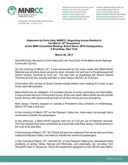 Statement by Orrin Getz, MNRCC, Regarding Issues Related to the March 14Th Snowstorm at the MNR Committee Meeting, Board Room, MTA Headquarters, 2 Broadway, New York