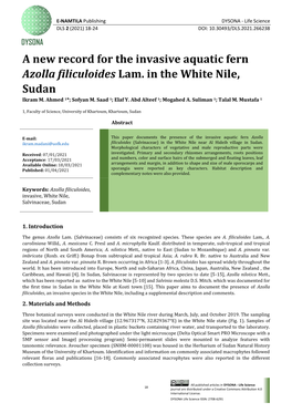 A New Record for the Invasive Aquatic Fern Azolla Filiculoides Lam. in the White Nile, Sudan Ikram M