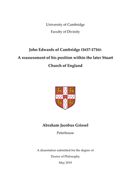 John Edwards of Cambridge (1637-1716): a Reassessment of His Position Within the Later Stuart Church of England