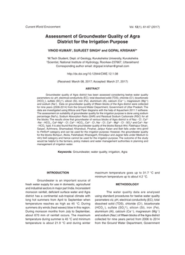 Assessment of Groundwater Quality of Agra District for the Irrigation Purpose