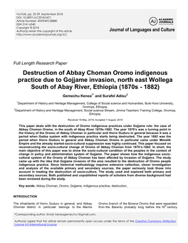 Destruction of Abbay Choman Oromo Indigenous Practice Due to Gojjame Invasion, North East Wollega South of Abay River, Ethiopia (1870S - 1882)