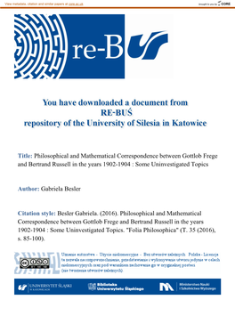 Philosophical and Mathematical Correspondence Between Gottlob Frege and Bertrand Russell in the Years 1902-1904 : Some Uninvestigated Topics