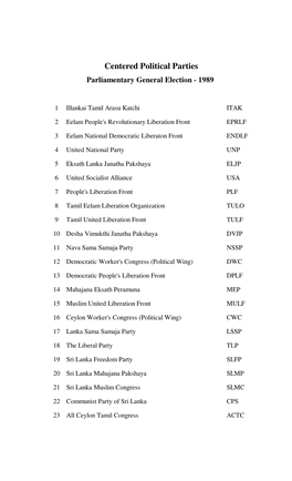 Centered Political Parties Parliamentary General Election - 1989