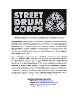 Street Drum Corps Wins Drum! Magazine’S 2012 Best Percussion Ensemble