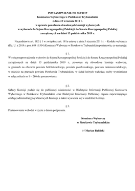 POSTANOWIENIE NR 360/2019 Komisarza Wyborczego W Piotrkowie Trybunalskim Z Dnia 23 Września 2019 R