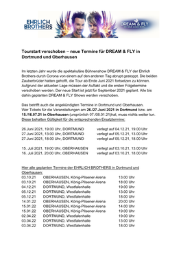 Neue Termine Für DREAM & FLY in Dortmund