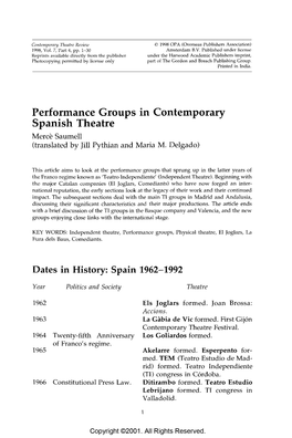 Performance Groups in Contemporary Spanish Theatre Mercè Saumell (Translated by Jill Pythian and Maria M