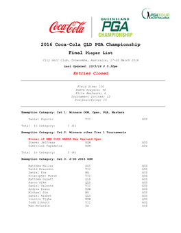 2016 Coca-Cola QLD PGA Championship