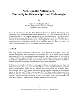 Nickels in the Nation Sack: Continuity in Africana Spiritual Technologies