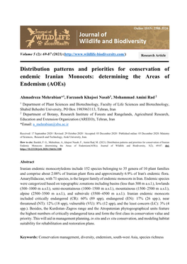 Distribution Patterns and Priorities for Conservation of Endemic Iranian Monocots: Determining the Areas of Endemism (Aoes)