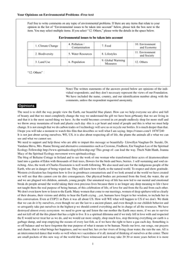 Opinions Your Opinions on Environmental Problems -Free Text