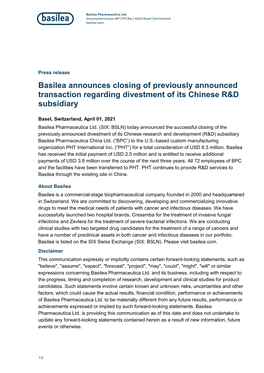 Press Release Basilea Announces Closing of Previously Announced Transaction Regarding Divestment of Its Chinese R&D Subsidiary