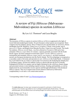 A Review of Fiji Hibiscus (Malvaceae- Malvoideae) Species in Section Lilibiscus