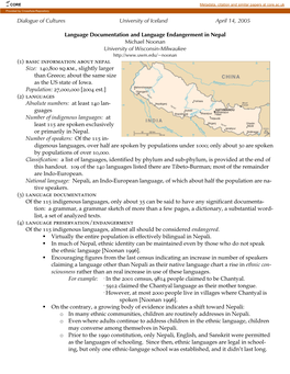 Dialogue of Cultures University of Iceland April 14, 2005 Language Documentation and Language Endangerment in Nepal Michael No