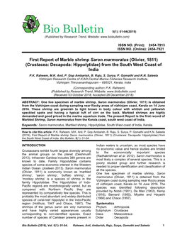 First Report of Marble Shrimp Saron Marmoratus (Olivier, 1811) (Crustacea: Decapoda: Hippolytidae) from the South West Coast of India P.K