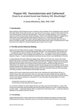 Pepper Hill, Yearnebarrowe and Catherwell: Clues to an Ancient Burial Near Hanbury Hill, Stourbridge? by K James Bsc(Hons), Msc, Phd, FIAP