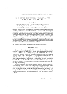 Food Preference of Chrysolina Fastuosa Adults (Coleoptera: Chrysomelidae)