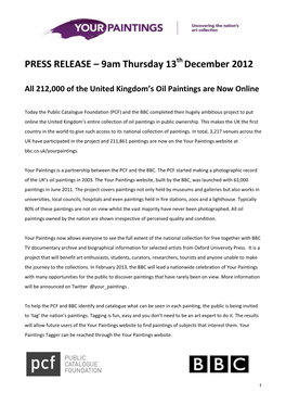 PRESS RELEASE – 9Am Thursday 13Th December 2012