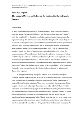 Peter Mclaughlin the Impact of Newton on Biology on the Continent in the Eighteenth Century