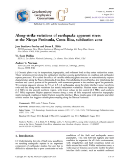 Along‐Strike Variations of Earthquake Apparent Stress at the Nicoya Peninsula, Costa Rica, Subduction Zone