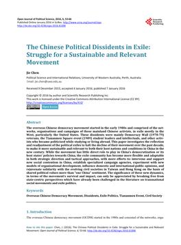 The Chinese Political Dissidents in Exile: Struggle for a Sustainable and Relevant Movement