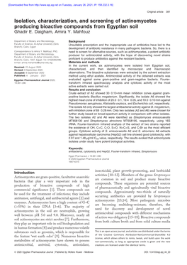 Isolation, Characterization, and Screening of Actinomycetes Producing Bioactive Compounds from Egyptian Soil Ghadir E