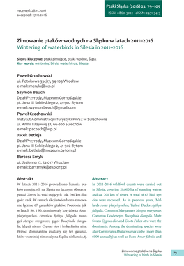 Zimowanie Ptaków Wodnych Na Śląsku W Latach 2011–2016 Wintering of Waterbirds in Silesia in 2011–2016