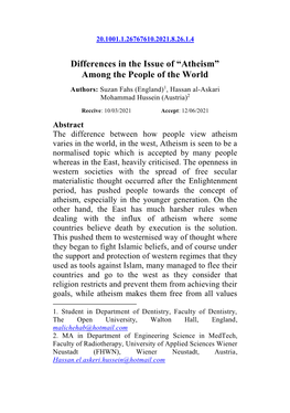 Differences in the Issue of “Atheism” Among the People of the World Authors: Suzan Fahs (England)1, Hassan Al-Askari Mohammad Hussein (Austria)2